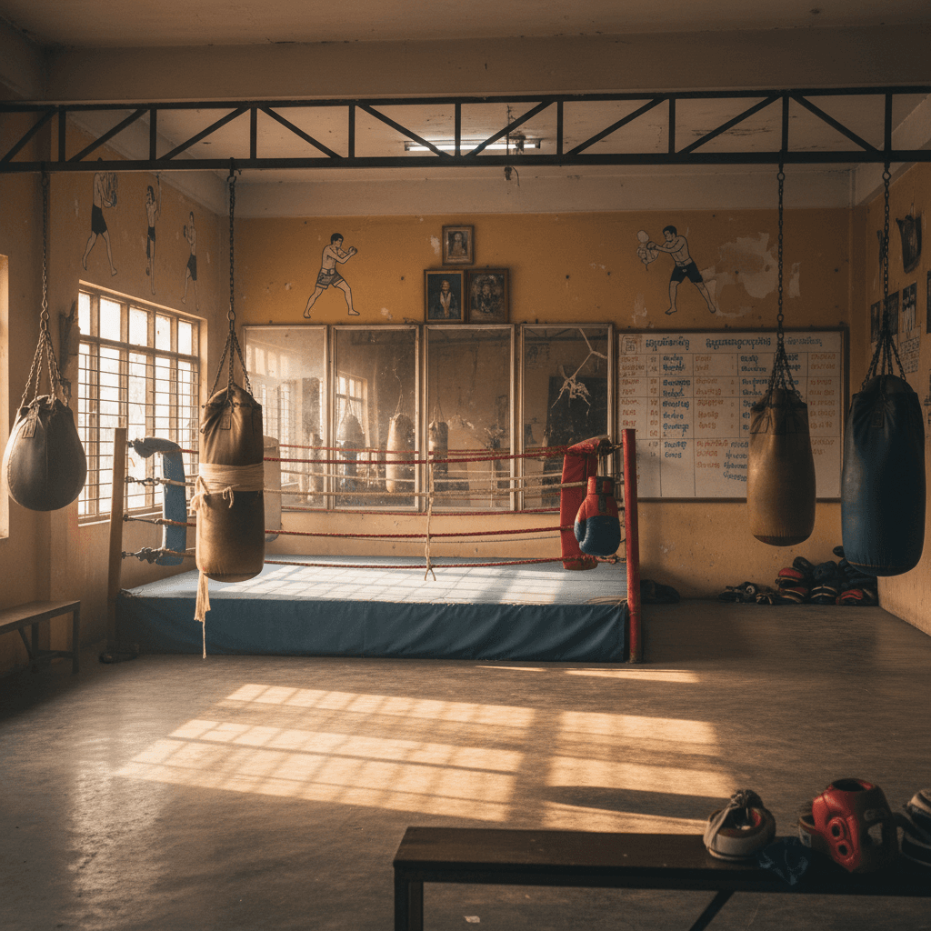 Authentic traditional Cambodian kickboxing gym interior