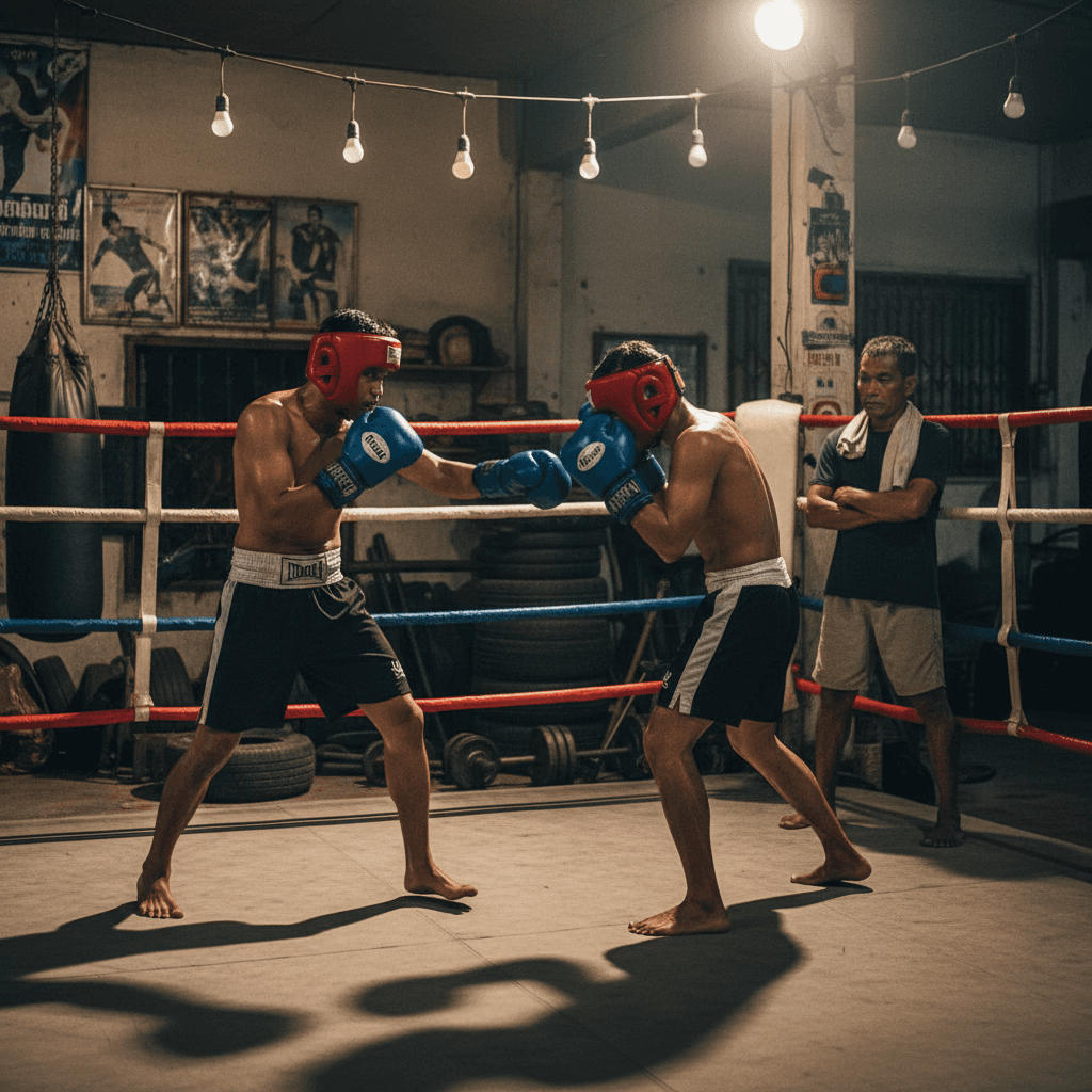 Fighters sparring in a Cambodian gym