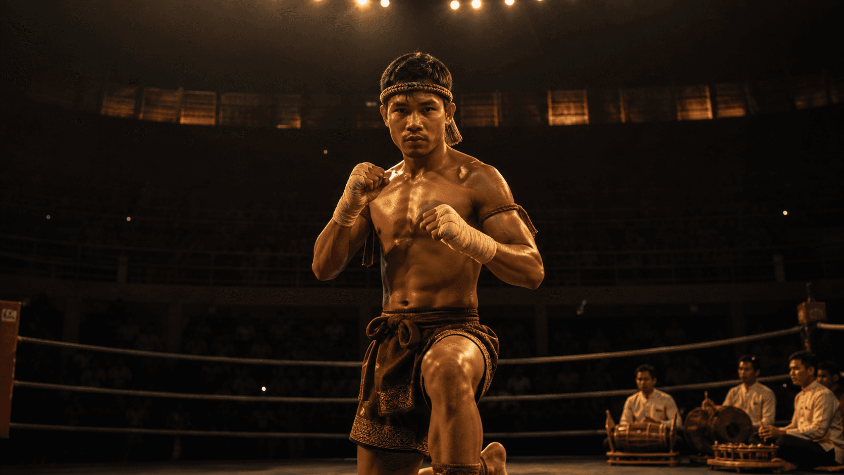 A Cambodian Kun Khmer fighter under the lights of a Phnom Penh arena at night, the Pinpeat orchestra visible in the corner