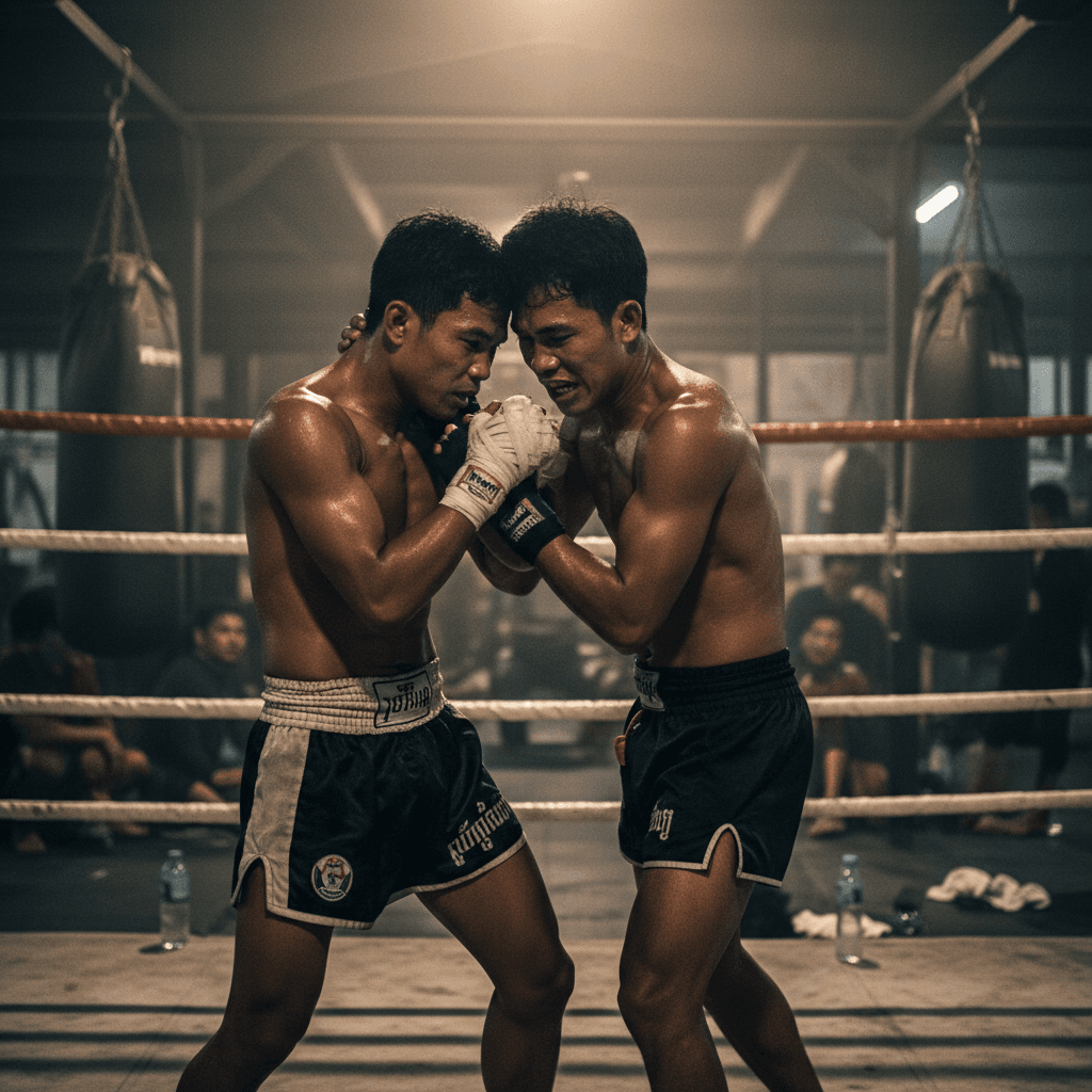 Two fighters in a clinch