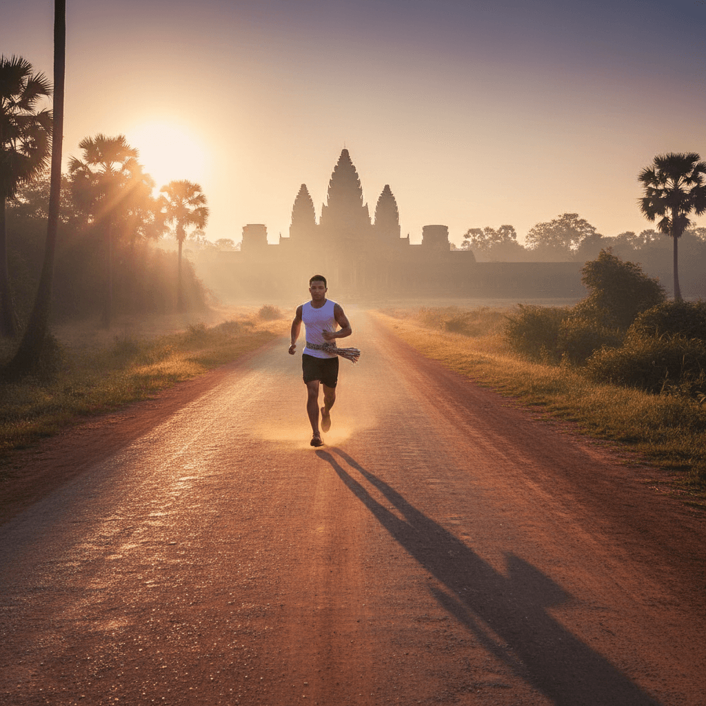 Kun Khmer fighter running at sunrise