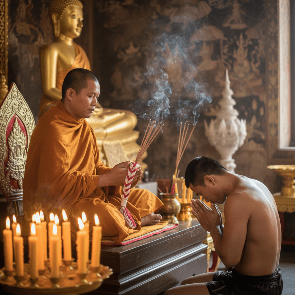 Buddhist monk blessing a fighter's Mongkol