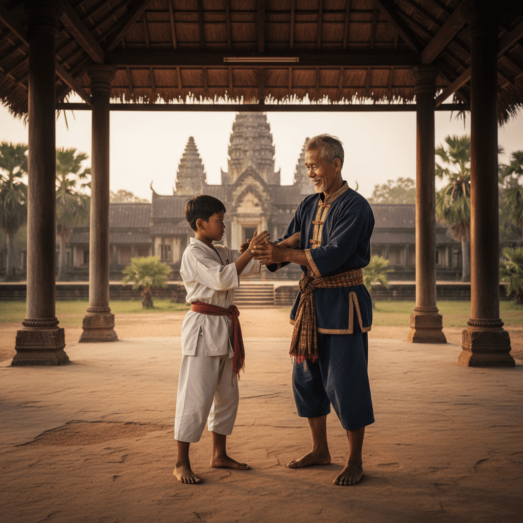 Elderly Cambodian Kru teaching a young student